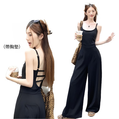 吊帶露背高腰闊腿連體褲(帶胸墊) 編號:C72