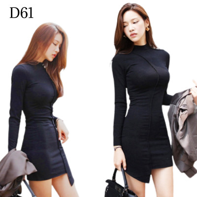 黑色長袖修身半高領包臀短裙 編號:D61