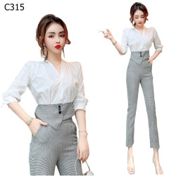 千鳥格拼接不規則襯衫+高腰顯瘦九分褲 兩件套編號:C315