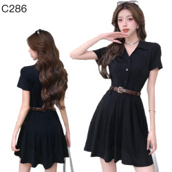V領短袖百褶洋裝配腰帶編號:C286