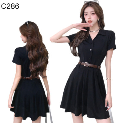 V領短袖百褶洋裝配腰帶編號:C286