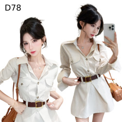 復古POLO領頭扣束腰長袖連身裙 編號:D78